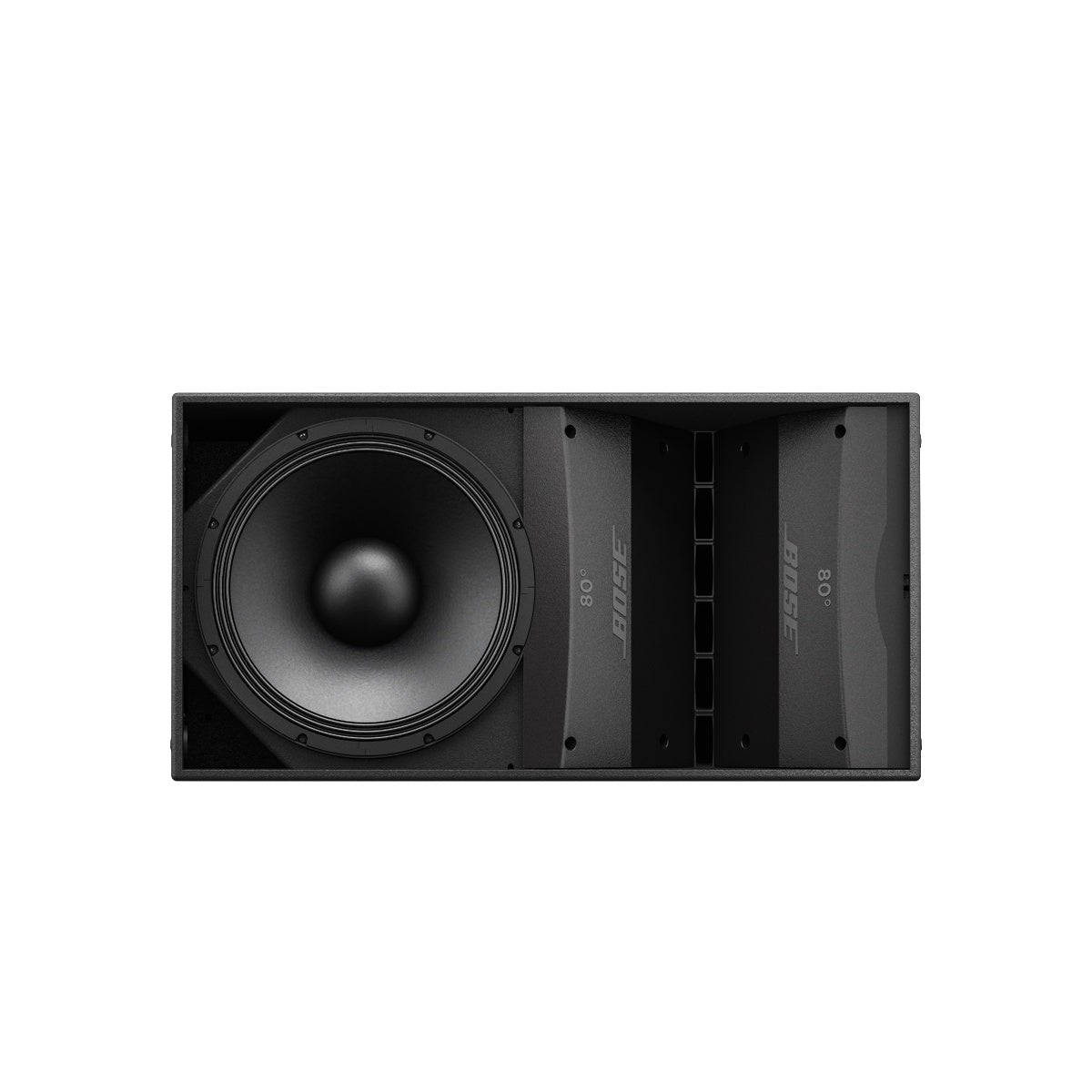 Bose ArenaMatch AM10 with grille removed, showing woofer and dual 80-degree Bose waveguides