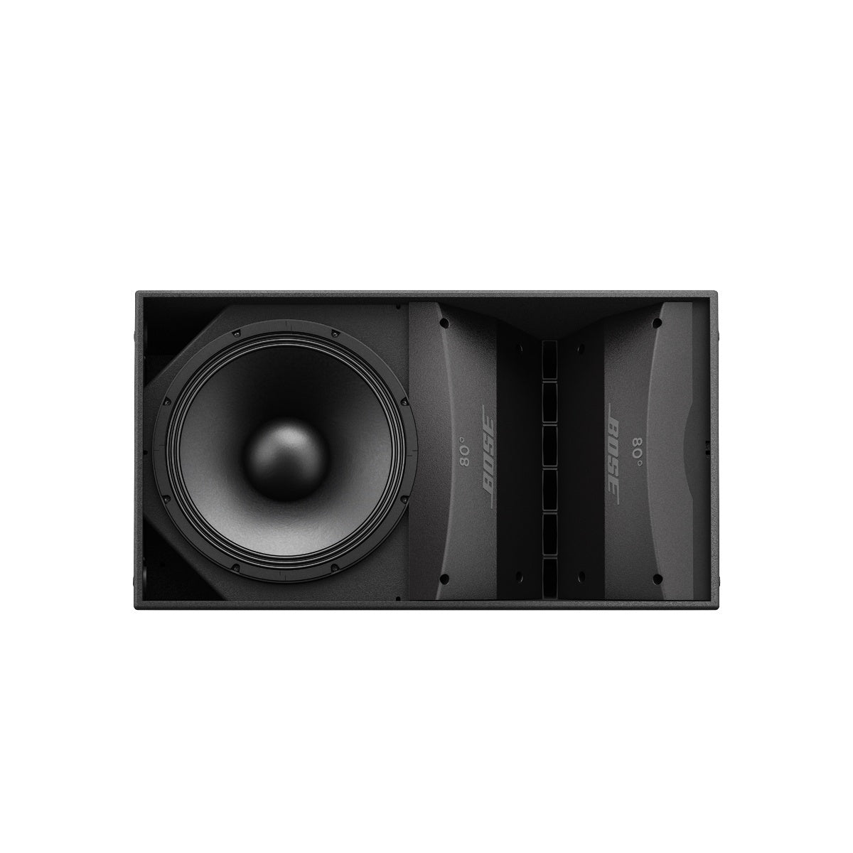 Bose ArenaMatch AM20 with grille removed showing woofer and 80 degree horizontal waveguide modules