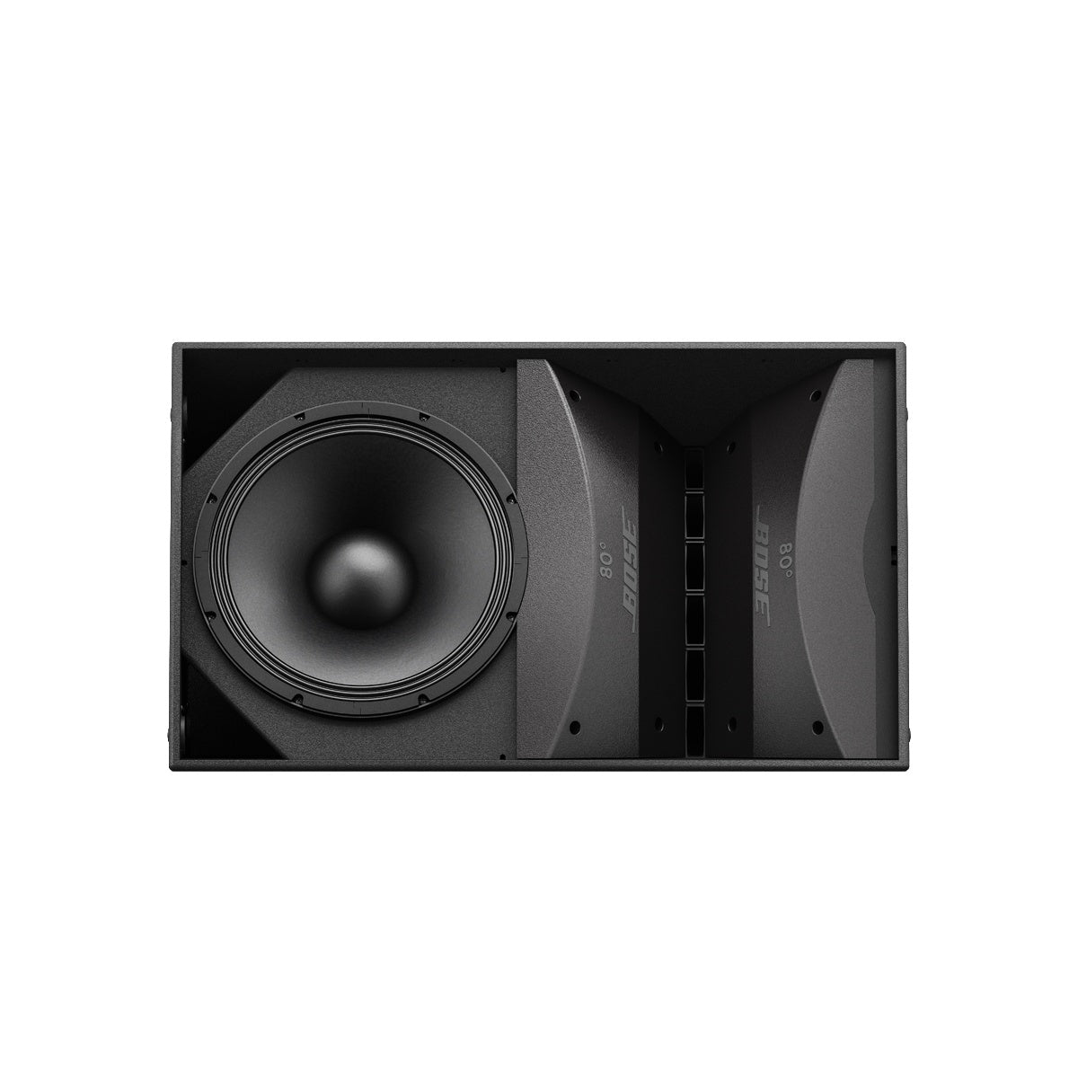 Bose ArenaMatch AM40 with grille removed, exposing woofer and 80 degree horizontal waveguides