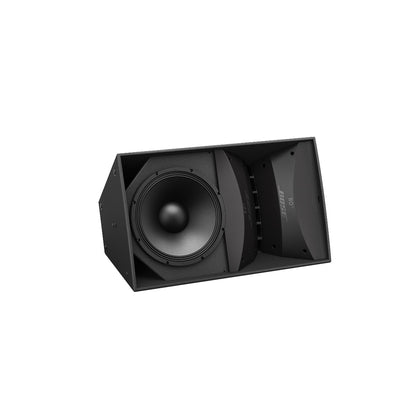 Bose ArenaMatch AM40 angled view of grille-less baffle with low-frequency driver and 80 degree waveguide