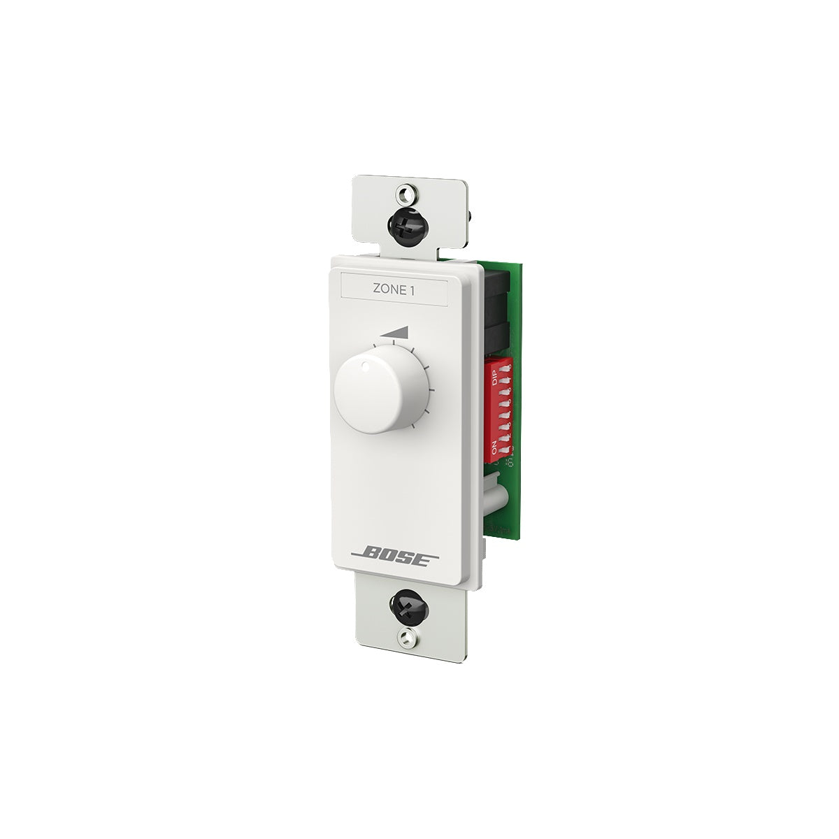 Bose ControlCenter CC-1 with US decora plate removed, exposing circuit board, DIP switches and mounting bracket