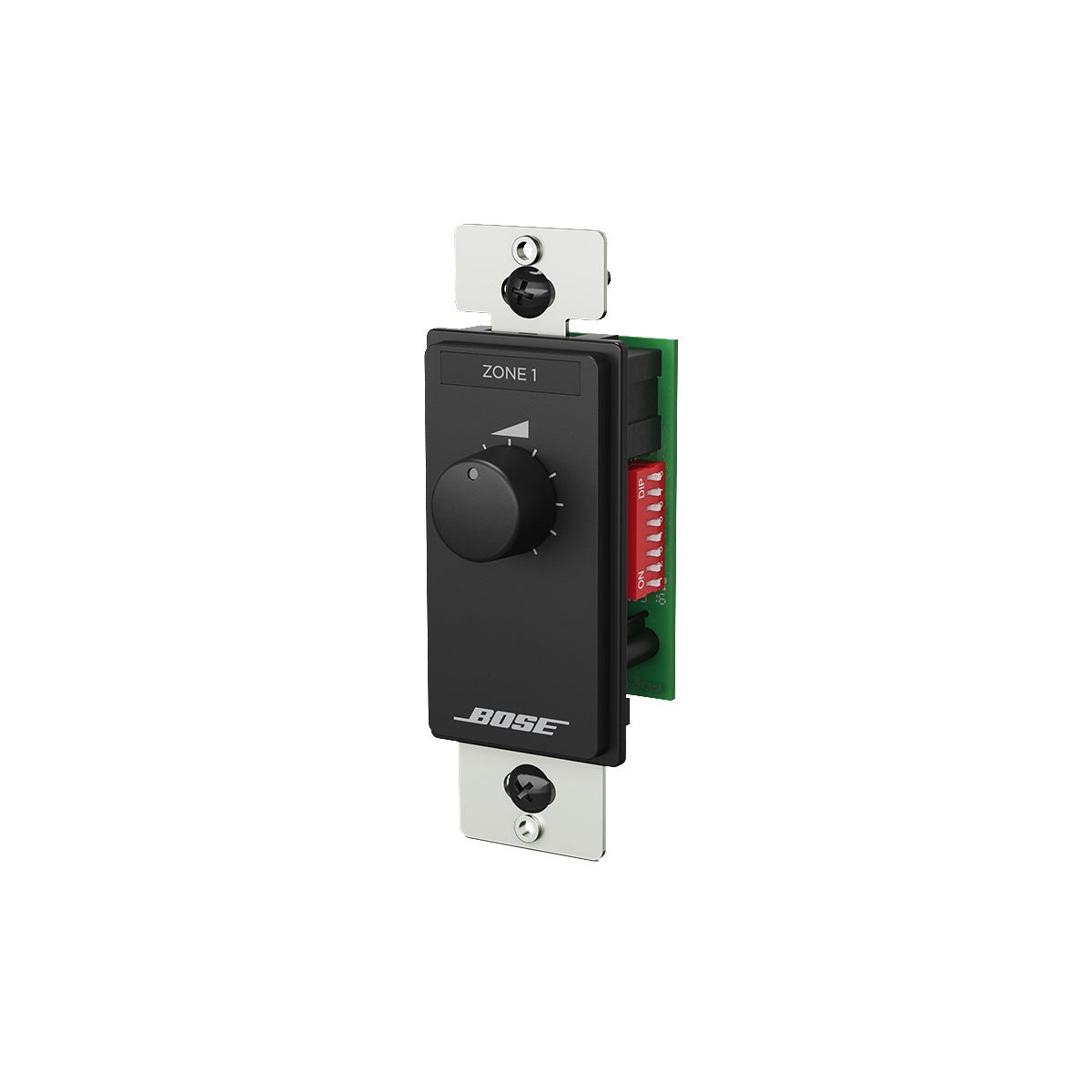 Bose ControlCenter CC-1 without faceplate showing mounting bracket, circuit board and red DIP switches