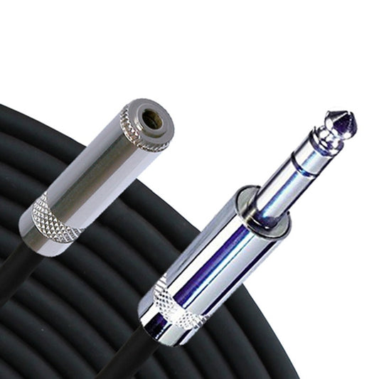 RapcoHorizon MINI3 stereo cable close-up of 3.5mm female and 1/4" TRS connectors on coiled black cable