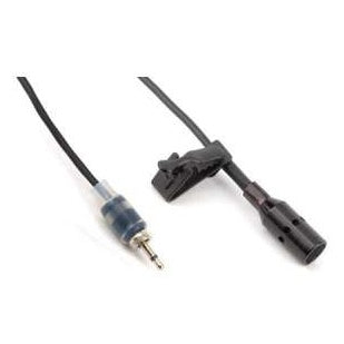 M140 cardioid lavalier microphone overall view showing black capsule with tie clip and locking miniature plug on a thin black cable, Lectrosonics