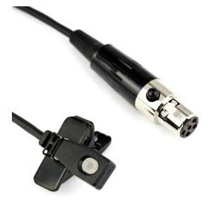 M152/7005P omnidirectional lavalier mic with black tie clip and cable ending in a nickel-collared TA5F connector, Lectrosonics