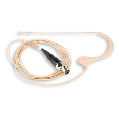 HM1725P omni earset mic product shot showing beige boom with ear hook and coiled cable ending in black TA5F connector, Lectrosonics