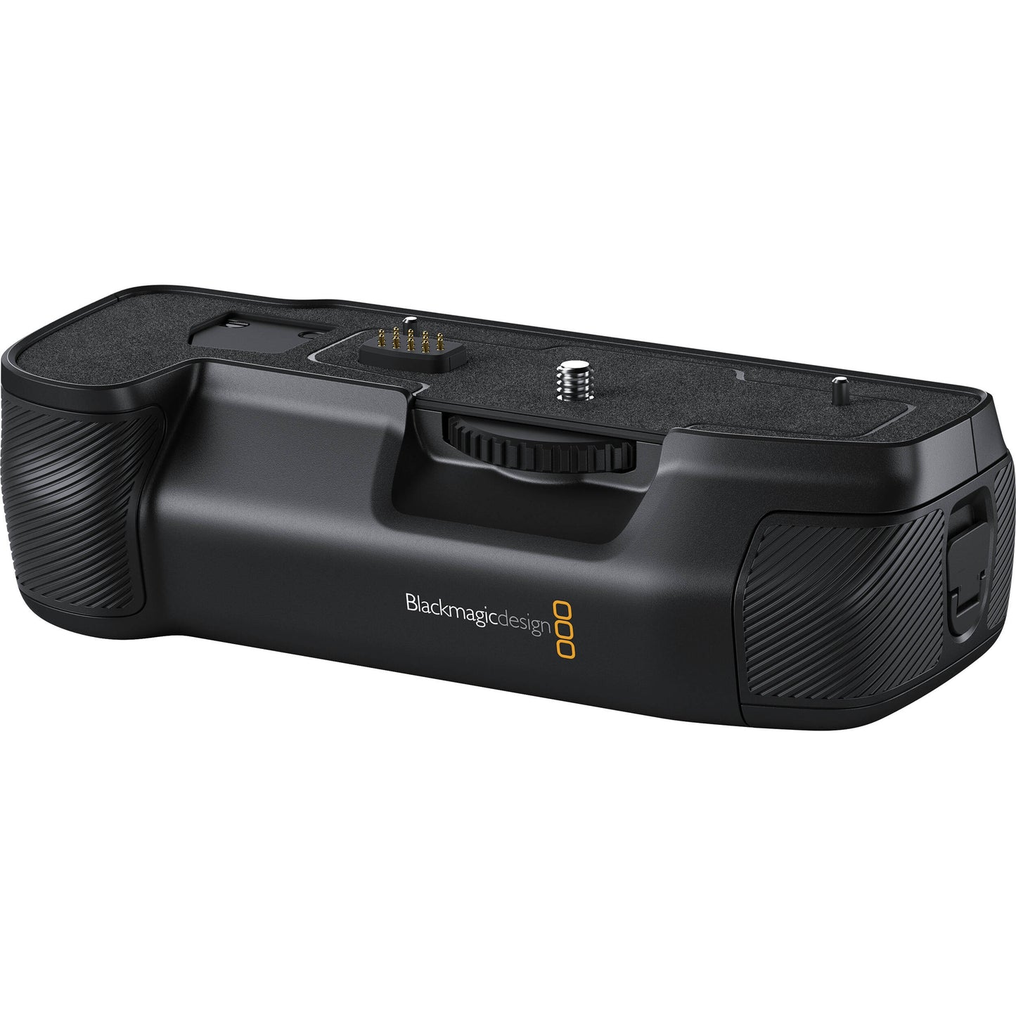 Blackmagic Design Pocket Camera Battery Pro Grip angled view showing top contact pins and mounting screw