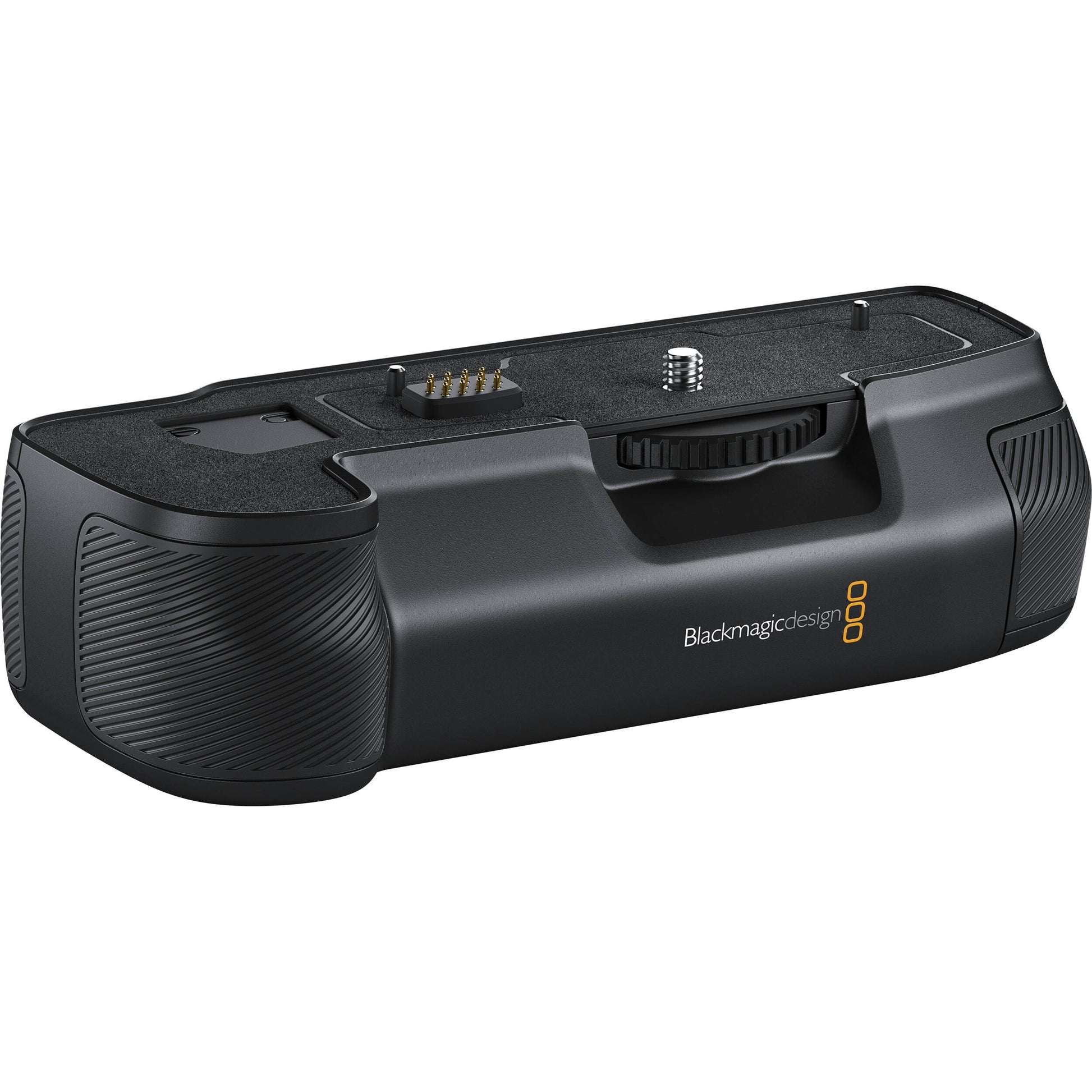 Blackmagic Design Pocket Camera Battery Pro Grip rear angle with ribbed hand grips and locking wheel