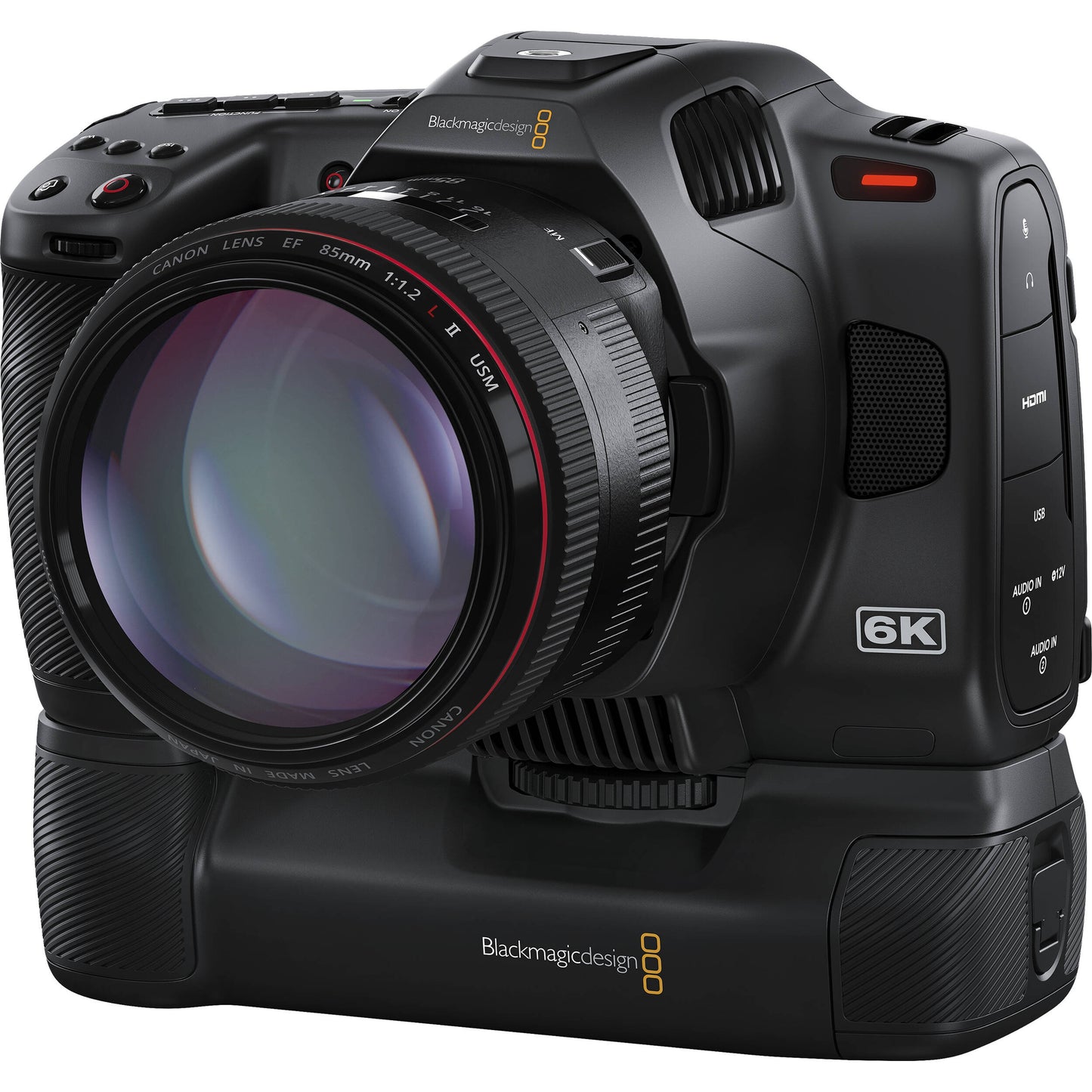Pocket Camera Battery Pro Grip attached to Blackmagic Design 6K camera with Canon EF 85mm lens