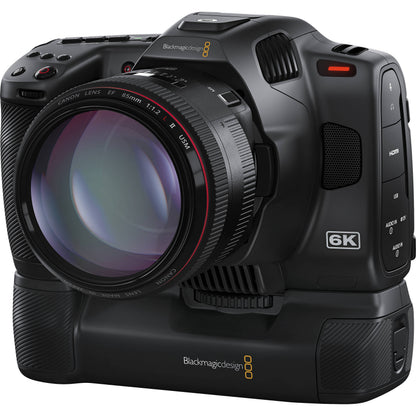Pocket Camera Battery Pro Grip attached to Blackmagic Design 6K camera with Canon EF 85mm lens