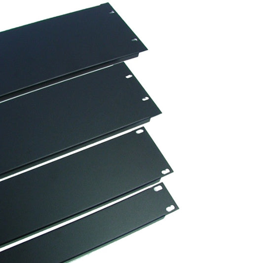 ProCo Sound SRP8 black powder coated steel rack panels stacked at an angle showing mounting slots and flanges