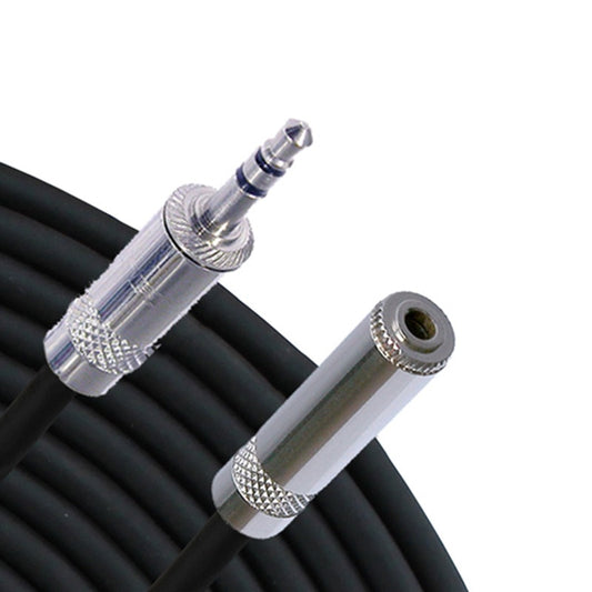 RapcoHorizon MINI3 stereo cable coiled with 3.5mm TRS male and female connector ends in close-up