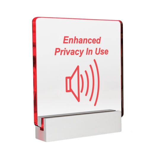 AtlasIED ASP-MG2240S sound masking LED sign at an angle showing red edge-lit panel and aluminum base