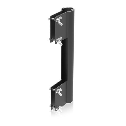 AtlasIED ALAPMK pole mount bracket in black, angled view showing curved channel and U-bolt hardware