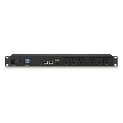 CSROB CR Series switching AC power distribution unit front view with LCD meter, dual network ports and six numbered outlets, AtlasIED