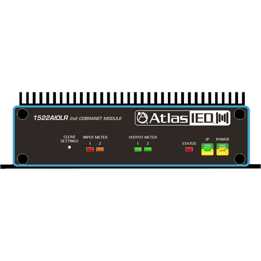 AtlasIED 1522AIOLR 2x2 CobraNet module front panel with input and output meters, status and power LEDs