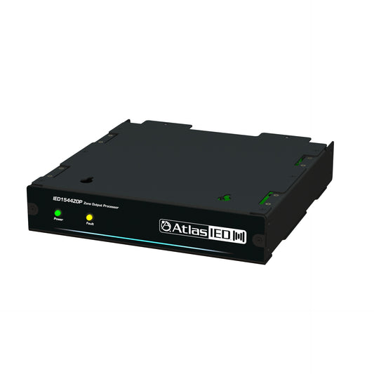 AtlasIED IED1544ZOP zone output processor angled front view with green Power and yellow Fault LEDs