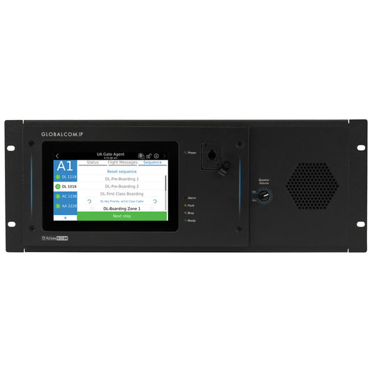 AtlasIED IED5400CS-SRM rack mount kit front with touchscreen intercom station, speaker volume knob and grille