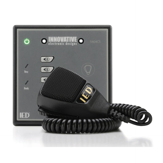 AtlasIED IED5404CS-H Dante paging station front panel with A and B zone buttons and handheld coiled-cord microphone