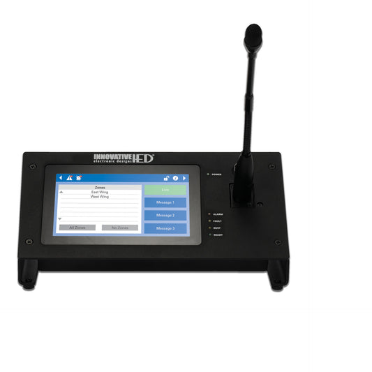 AtlasIED IED550CS-G communication station front view with zone touch screen, status LEDs, and gooseneck mic