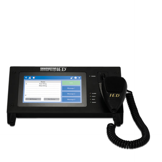 AtlasIED IED550CS-H communication station front view with zone touch screen and handheld mic on coiled cord