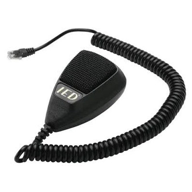 IEDA501HH ACS handheld paging microphone, angled view showing black mesh grille, push-to-talk bar and coiled cable with RJ45 connector, AtlasIED