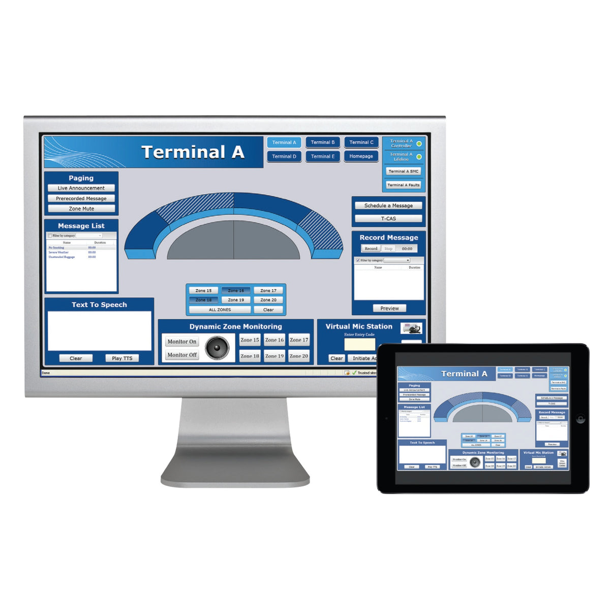 IED Director SDK software GUI shown on desktop monitor and tablet with Terminal A paging, zone monitoring and text-to-speech controls, AtlasIED