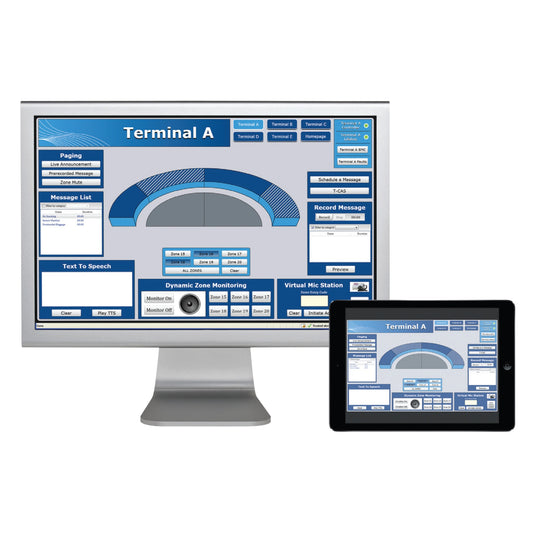 IED Director SDK annual license software shown on desktop monitor and tablet with Terminal A paging, zone monitoring and text-to-speech GUI, AtlasIED