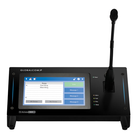 AtlasIED IPCSDTOUCH-G GLOBALCOM.IP communication station front view with touch screen zone menu and gooseneck mic