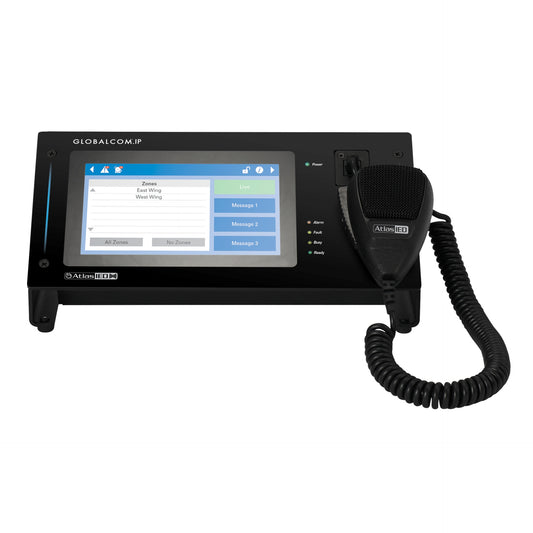 AtlasIED IPCSDTOUCH-H GLOBALCOM.IP communication station front view with zone touch screen and handheld mic