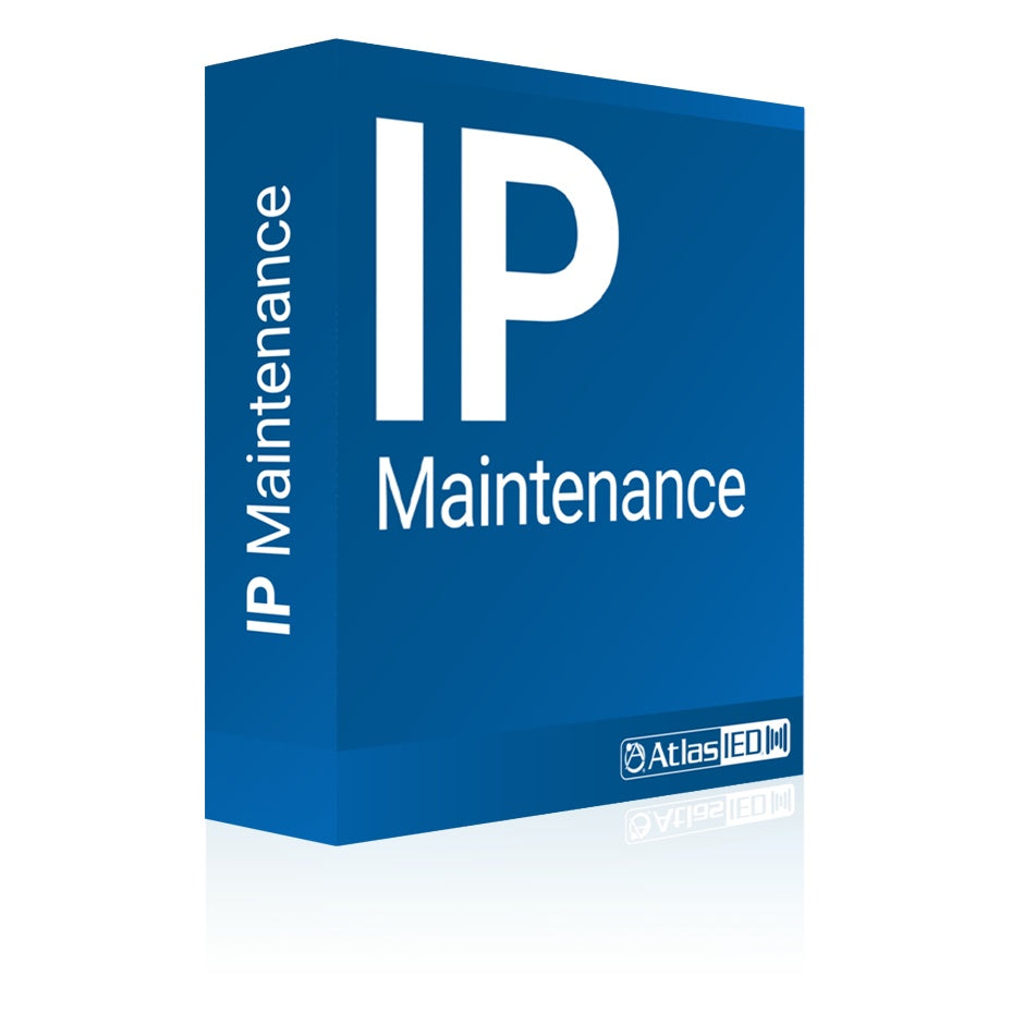 GCK3 IP Endpoint 1-Year Extended Warranty packaging render, blue IP Maintenance software box with logo on front panel, AtlasIED