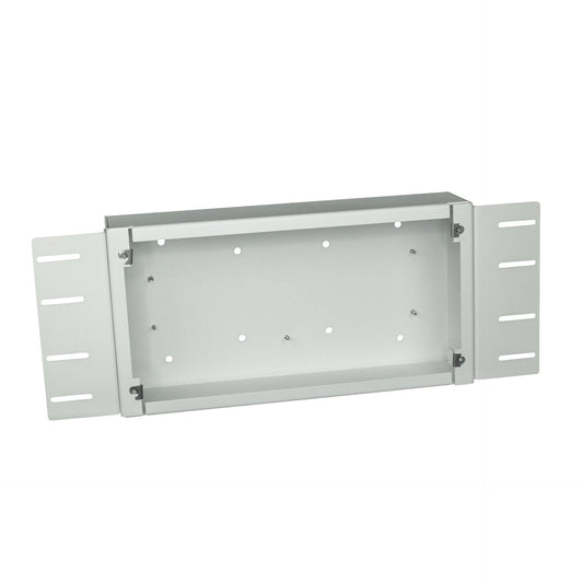 AtlasIED IP-FEC-DM flush mount steel enclosure at an angle with slotted mounting wings and back-box holes