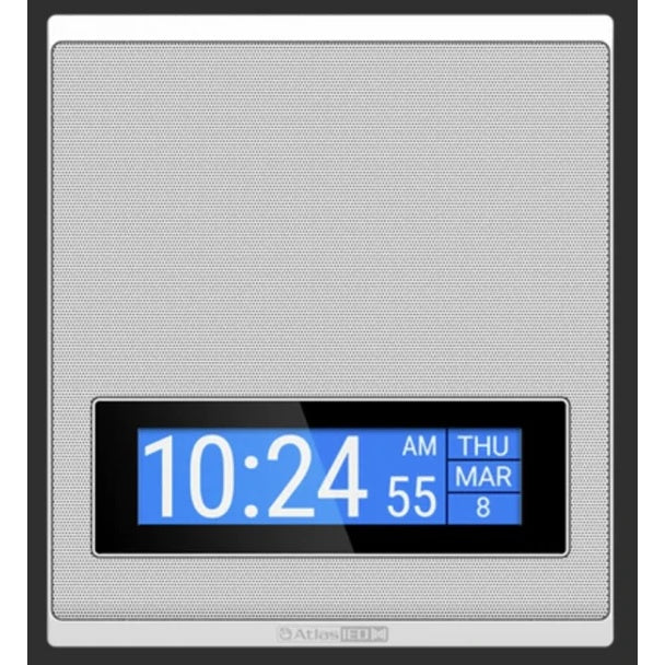 IP-SDM-LS 8 in IP speaker front view with perforated white grille and blue backlit LCD clock display showing time and date, AtlasIED