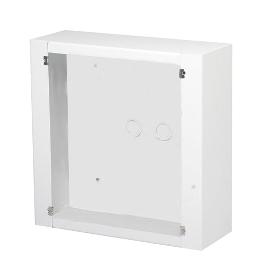 AtlasIED IP-SEST-S white straight surface mount speaker enclosure, angled view showing open front and knockouts