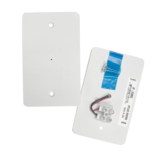 AtlasIED IP-ZCMIC microphone kit white wall plates showing front face and rear with wiring and terminal blocks
