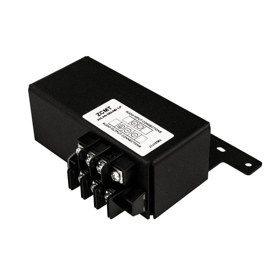 AtlasIED ZCMT zone controller module transformer, angled view of black steel case with screw terminal blocks and mounting bra