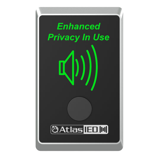 AtlasIED Z-SIGN wireless speech privacy sign front view with green illuminated Enhanced Privacy In Use text and button