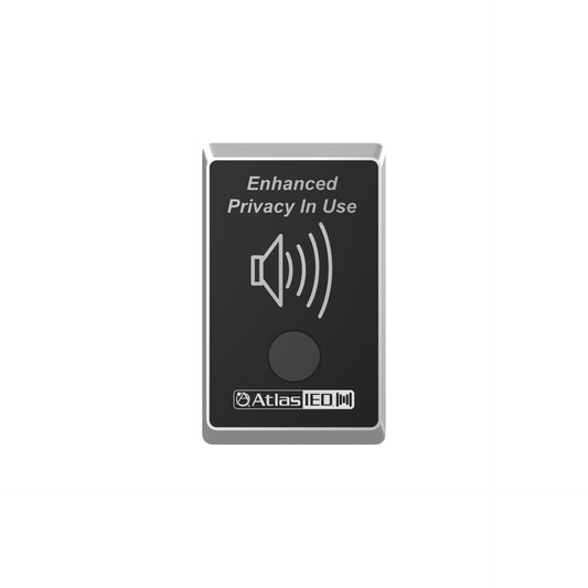 AtlasIED Z-SIGN speech privacy activation sign unlit, angled view showing black faceplate and silver bezel