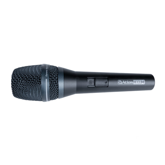 AtlasIED M300-HH cardioid dynamic handheld vocal microphone in black with mesh grille and on/off switch