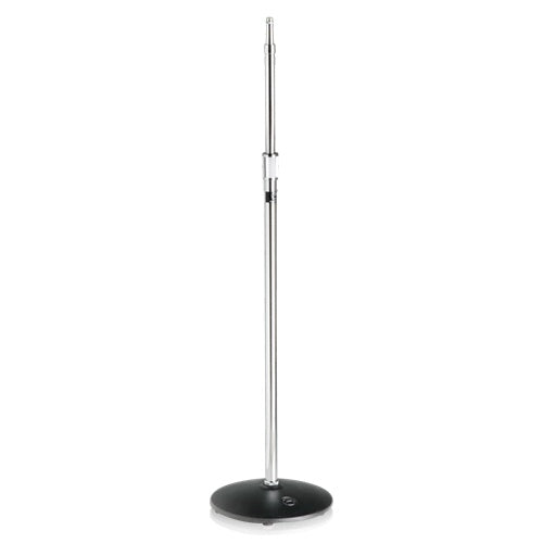 AtlasIED MS-20 chrome microphone stand full view with round black cast base and height adjustment clutch