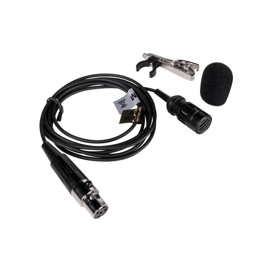 AtlasIED MWLM condenser lapel mic with coiled cable, mini connector, tie clip, and foam windscreen