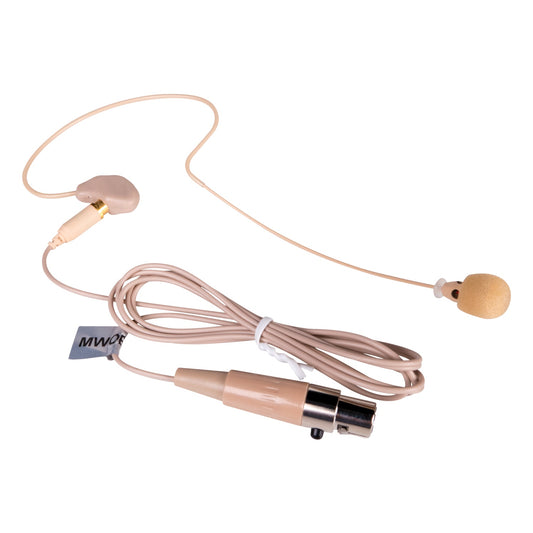 AtlasIED MWOEM beige over-ear headset mic with foam windscreen, coiled cable, and mini connector