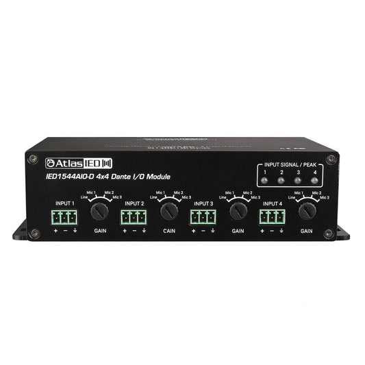 AtlasIED IED1544AIO-D Dante I/O module front with four input terminal blocks, gain knobs, and signal LEDs