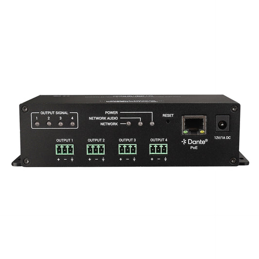 AtlasIED IED1544AIO-D rear panel showing four output terminal blocks, Dante PoE RJ45, reset, and 12V DC jack