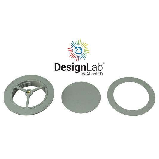 AtlasIED SHS-CUST components laid flat: gray speaker baffle frame, lens disc, and trim ring with DesignLab logo