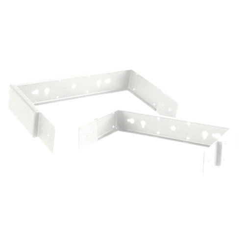 SM63 C-Bracket pair in white, angled view showing perforated mounting holes along the formed steel channel, AtlasIED