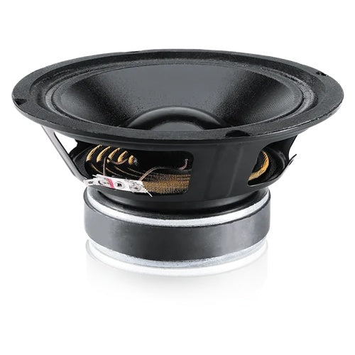 SM63 replacement 6.5 in woofer angled view showing treated black cone, stamped basket and magnet assembly with exposed tinsel leads, AtlasIED