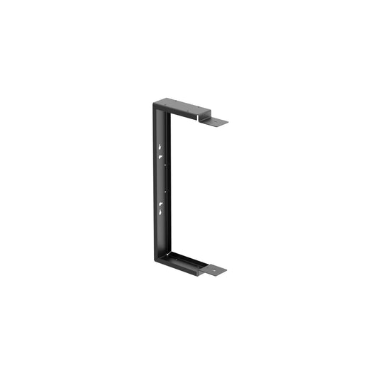 AtlasIED SMA12CBRKT-B black surface mount U bracket, side view showing keyhole slots and flat mounting tabs