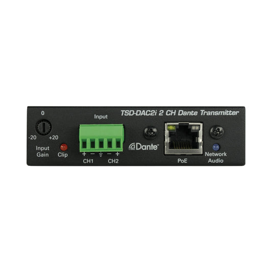 AtlasIED TSD-DAC2I front panel with input gain trim, clip LED, green terminal block, and PoE RJ45 port