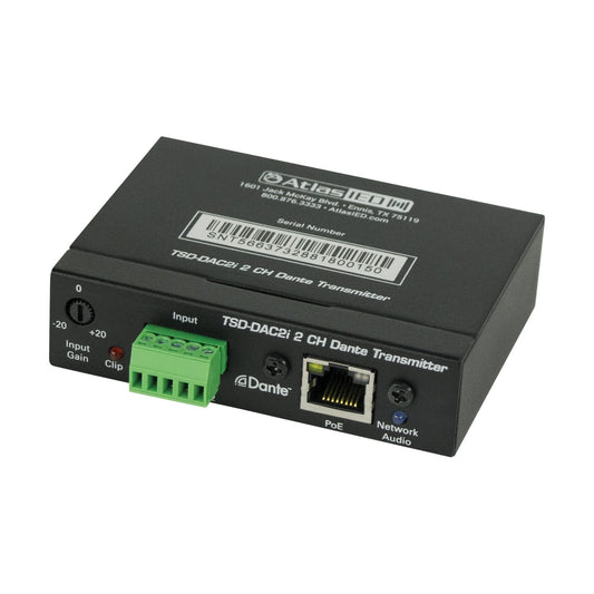 AtlasIED TSD-DAC2I analog to Dante interface angled view showing top serial number label and front controls
